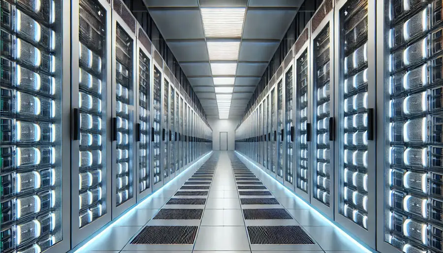 Schematic diagram of an AI server room illustrating liquid cooling infrastructure and dense rack layout.