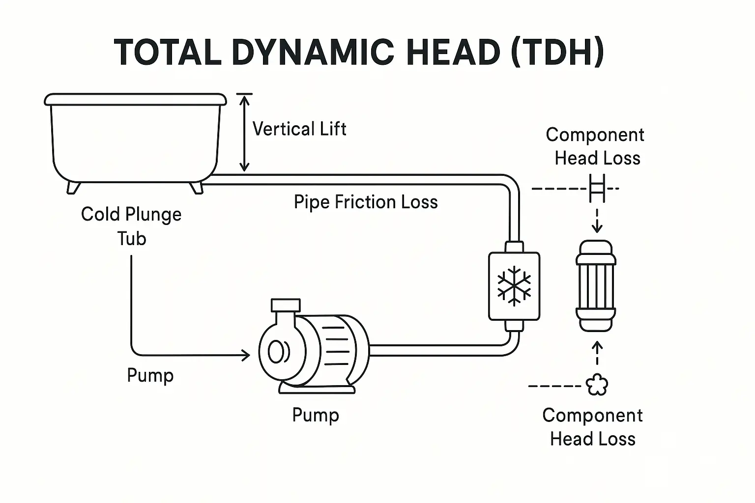 Diagram illustrating total dynamic head in a cold plunge system