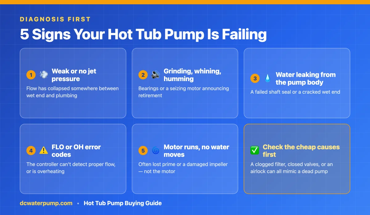 Five signs a hot tub pump is failing: weak jets, grinding noise, leaks, FLO or OH codes, motor runs but no flow