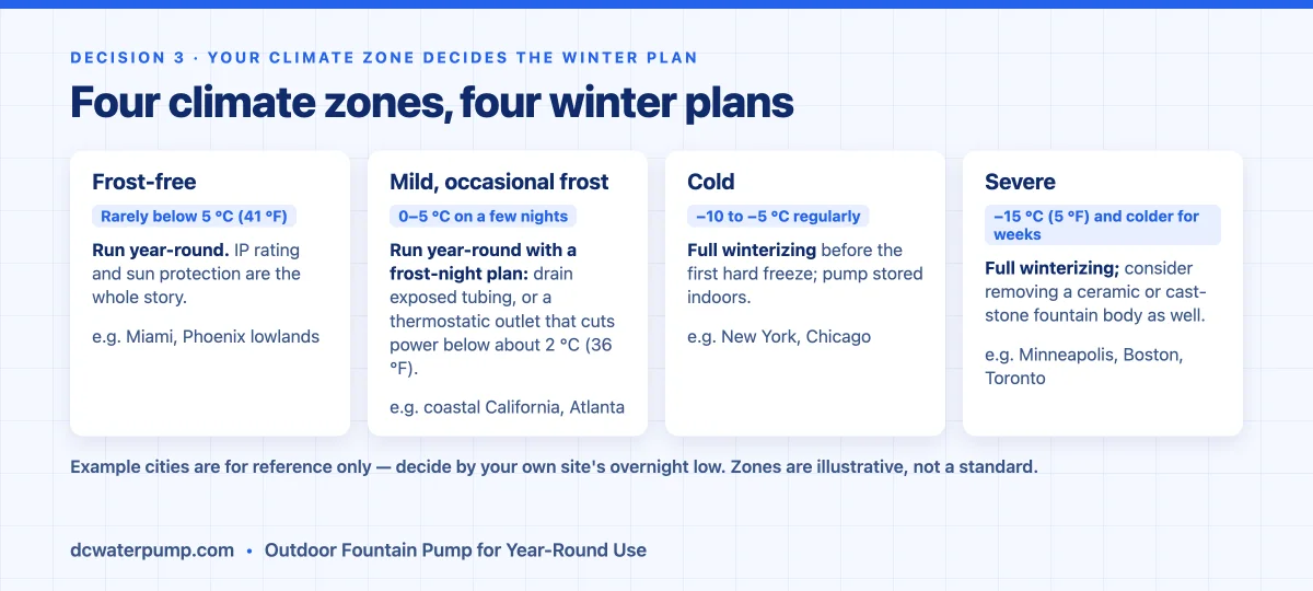 Four climate zones for an outdoor fountain pump, from frost-free run year-round to severe full winterizing