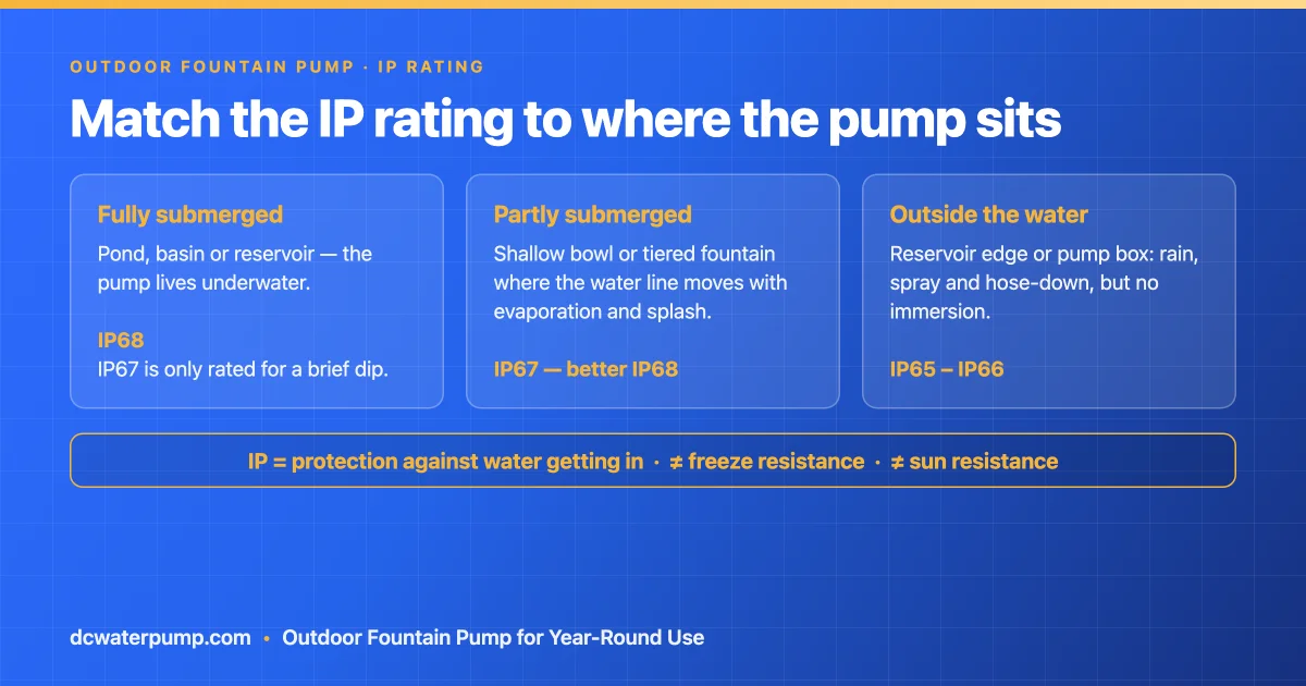 Outdoor fountain pump IP rating by mounting: IP68 submerged, IP67 partly submerged, IP65-66 outside the water